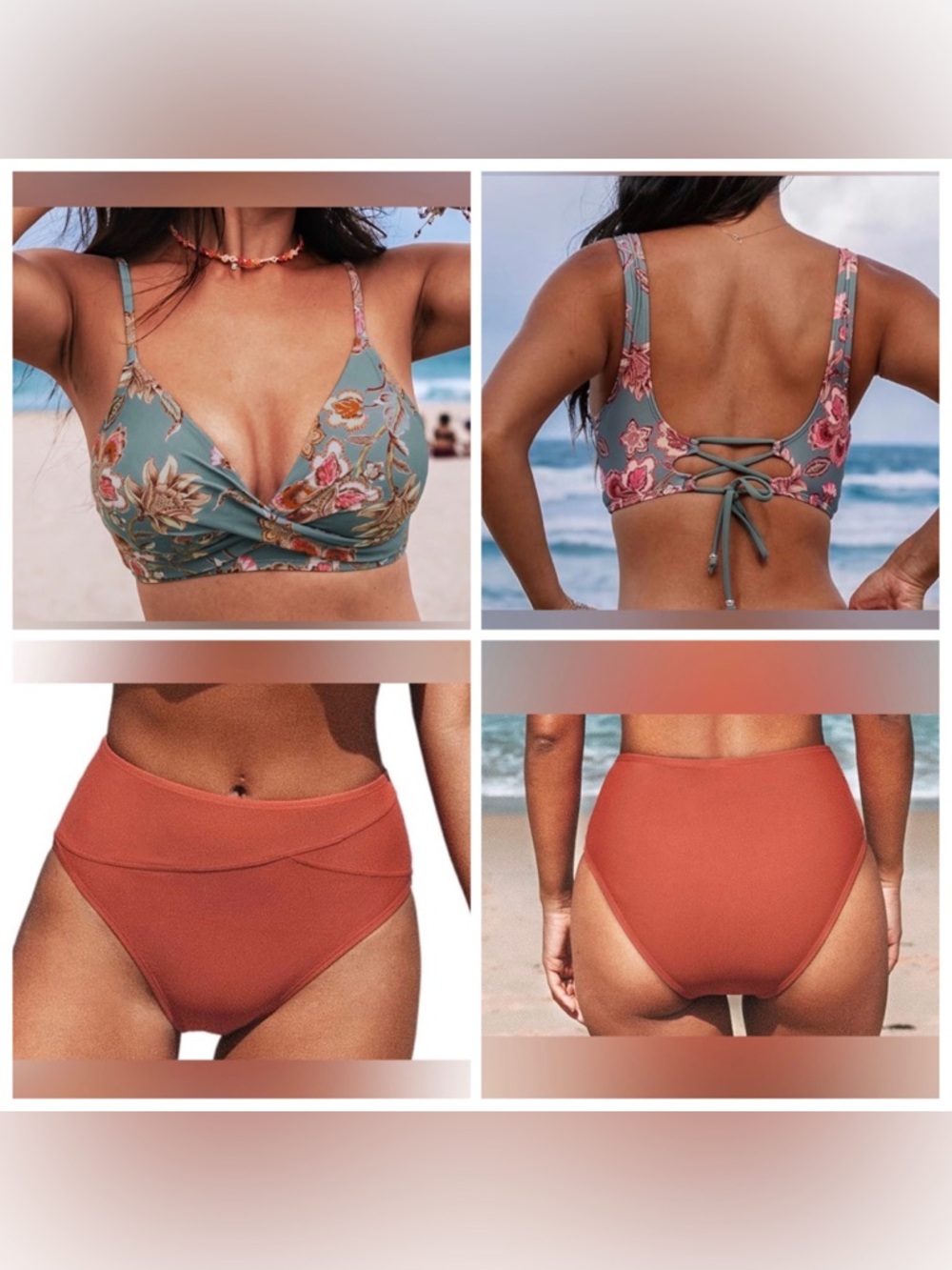 NWT Cupshe Bikini: Coral High-Waist Bottoms & Sage Floral Tie-Back Top